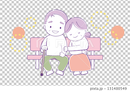 一對老夫婦坐在長椅上擁抱 131480549