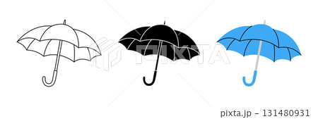 Open umbrella icon set with classic canopy design in outline, black silhouette and blue color Open umbrella icon set with classic canopy design in outline, black silhouette and blue color 131480931