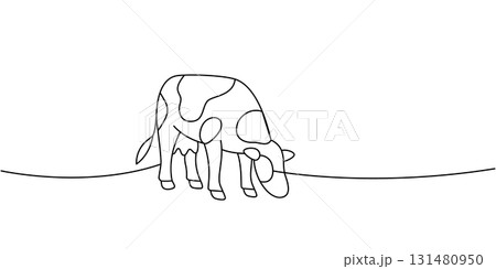 Minimal line drawing of grazing cow on hill. Continuous one-line vector illustration for branding and modern farm designs Minimal line drawing of grazing cow on hill. Continuous one-line vector illustration for branding and modern farm designs 131480950