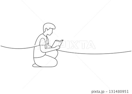 Boy kneeling and reading book. Linear continuous line drawing Boy kneeling and reading book. Linear continuous line drawing 131480951