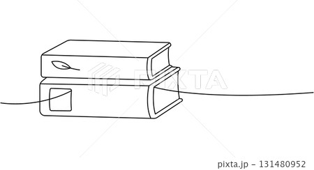 Two stacked books in simple line art style with leaf and label. Clean minimal contour illustration Two stacked books in simple line art style with leaf and label. Clean minimal contour illustration 131480952