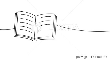 Minimalist contour drawing of an open book with text lines. Clean monochrome style for reading and education themes Minimalist contour drawing of an open book with text lines. Clean monochrome style for reading and education themes 131480953