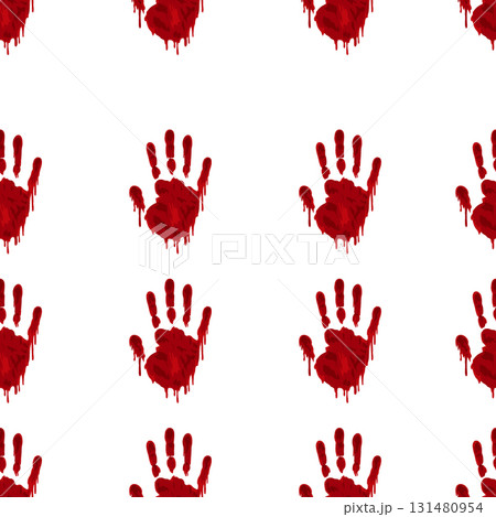 Bloody hand pattern on white background. Dripping horror seamless handprints 131480954