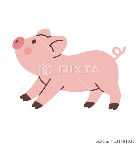 Cute cartoon piglet running playfully with curly tail. Adorable flat farm animal vector illustration for kids, nursery, and childrens projects Cute cartoon piglet running playfully with curly tail. Adorable flat farm animal vector illustration for kids, nursery, and childrens projects 131481035
