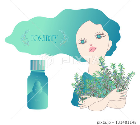 ローズマリーの花を両手で抱えているイラストと精油成分表 131481148