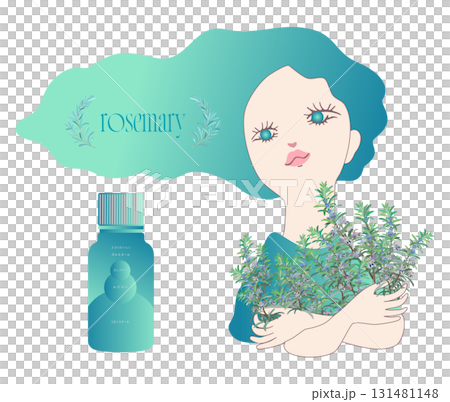 ローズマリーの花を両手で抱えているイラストと精油成分表 131481148