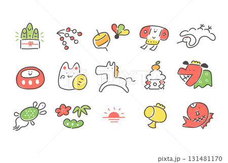 正月の縁起物と馬のかわいいセット　2026　線画　正月シンボル 131481170