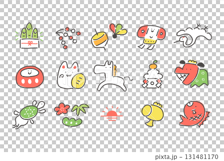 正月の縁起物と馬のかわいいセット　2026　線画　正月シンボル 131481170