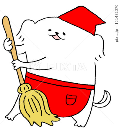 ほうきで掃き掃除する犬 131481370