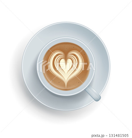Ralistic offee cup with heart shape made of froth. Top view of hot cappuccino, latte beverage with foam. White ceramic cup and saucer minimalist design realistic vector illustration isolated on white 131481505