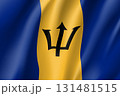 Realistic Barbados flag icon. State insignia of the nation in realistic style on the entire page. Waving state flag. National symbol in the form of a vector illustration 131481515
