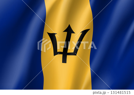Realistic Barbados flag icon. State insignia of the nation in realistic style on the entire page. Waving state flag. National symbol in the form of a vector illustration 131481515