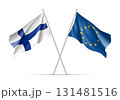 Finland and European Union waving flags on flagpole. EU sign with twelve gold stars on blue and Finland national symbol. Two flags isolated on white background 131481516