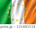 Ireland national flag with a circle of European Union twelve gold stars, solidarity and harmony with EU, member since 1 January 1973. Realistic vector style illustration 131481518