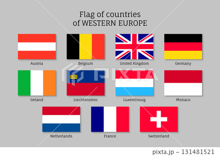 Set of flags of Western Europe countries. 11 ensigns of Western Europe member states. Vector icons on gray background. 131481521