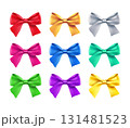 Realistic decoration for holidays presents. Beautiful decorative gift bows from satin tape isolated on white background. Bright bows for packaging. Different 3d objects from silk vector illustration. 131481523