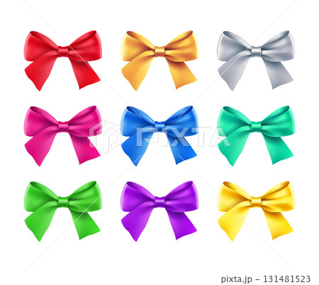 Realistic decoration for holidays presents. Beautiful decorative gift bows from satin tape isolated on white background. Bright bows for packaging. Different 3d objects from silk vector illustration. Realistic decoration for holidays presents. Beautiful decorative gift bows from satin tape isolated on white background. Bright bows for packaging. Different 3d objects from silk vector illustration. 131481523