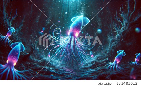 超現実的な発光するイカ 深海の情景 131481612