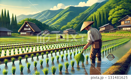 日本の農家が田舎の田んぼで稲を植える 131481625