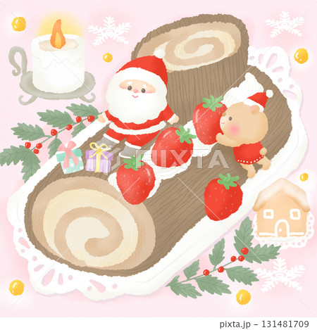 クリスマス_サンタクロースが乗ったブッシュドノエル ケーキ クリスマス_サンタクロースが乗ったブッシュドノエル ケーキ 131481709