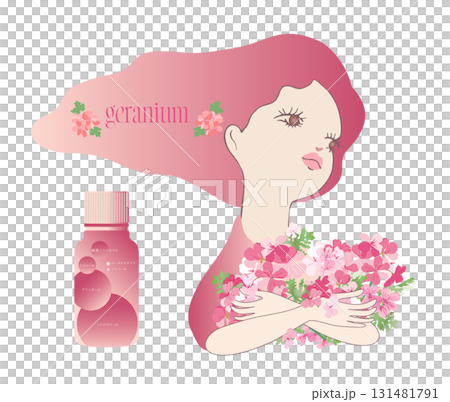 ゼラニウムの花を両手で抱えているイラストと精油成分表 ゼラニウムの花を両手で抱えているイラストと精油成分表 131481791