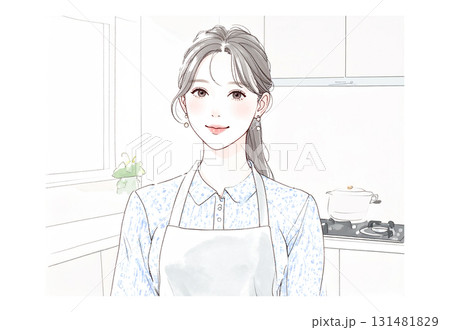 水彩画・手描き風のエプロンを着た女性・女の子のイラスト素材 水彩画・手描き風のエプロンを着た女性・女の子のイラスト素材 131481829