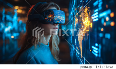 A woman wearing VR glasses interacts with a holographic globe. The concept of virtual reality, global connectivity, and futuristic business innovation. Generative AI. 131481858