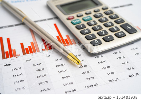 Pencil and calculator on chart or graph paper. Financial, account, statistics and business data. Pencil and calculator on chart or graph paper. Financial, account, statistics and business data. 131481938