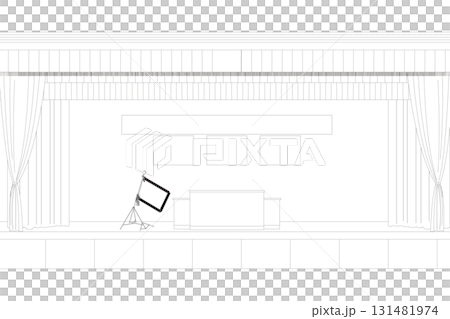 Line drawing of a gymnasium stage with curtains and podium Line drawing of a gymnasium stage with curtains and podium 131481974