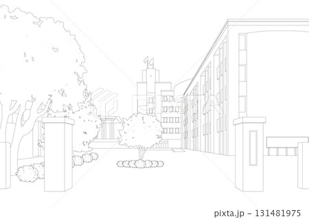 校舎と門柱、植栽が描かれた学校の入り口付近の線画 131481975