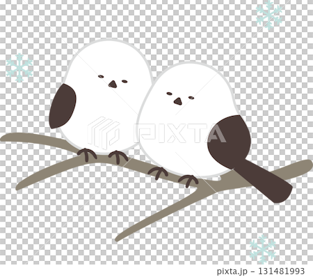 一幅舒緩的插圖，描繪了一隻長尾山雀棲息在雪地裡 131481993