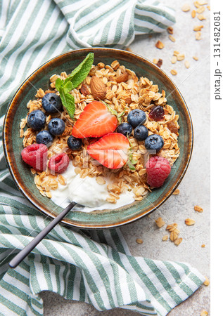 Granola bowl with fresh berries for healthy breakfast 131482081