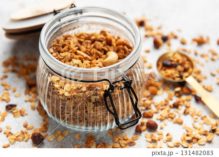 Granola with nuts and dry fruits for breakfast 131482083