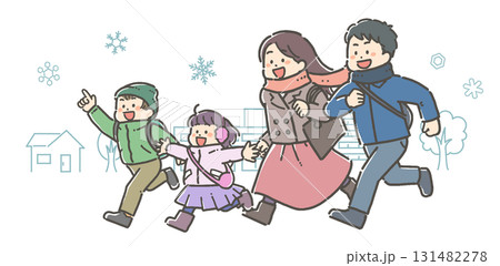 雪の中、町へお出かけする家族のイラスト 131482278