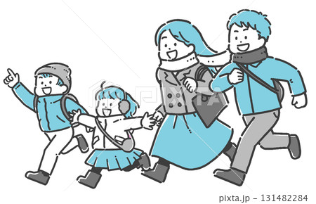 鞄を持ち、走ってお出かけする子ども連れの家族のイラスト 鞄を持ち、走ってお出かけする子ども連れの家族のイラスト 131482284