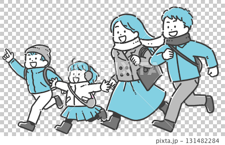 鞄を持ち、走ってお出かけする子ども連れの家族のイラスト 鞄を持ち、走ってお出かけする子ども連れの家族のイラスト 131482284