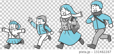鞄を持ち、走ってお出かけする子ども連れの家族のイラストセット 131482287