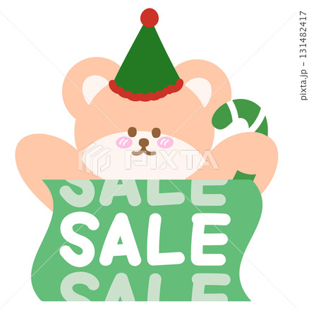 Cute Christmas SALE icon with teddy bear, candy cane, party hat for online shopping, promotion, sticker, banner, special price, discount, web button, campaign badge, ads, brochure, price tag, animal 131482417