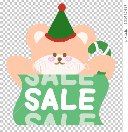Cute Christmas SALE icon with teddy bear, candy cane, party hat for online shopping, promotion, sticker, banner, special price, discount, web button, campaign badge, ads, brochure, price tag, animal 131482417