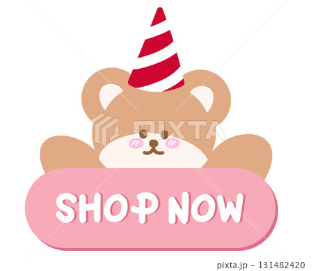 Cute Christmas SHOP NOW sale icon with teddy bear, party hat for online shopping, promotion, sticker, banner, special price, discount, web button, campaign badge, ads, brochure, price tag, animal 131482420