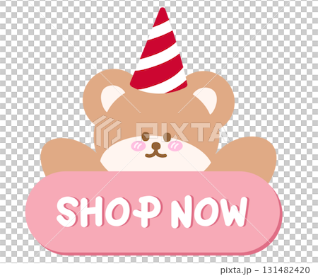 Cute Christmas SHOP NOW sale icon with teddy bear, party hat for online shopping, promotion, sticker, banner, special price, discount, web button, campaign badge, ads, brochure, price tag, animal 131482420