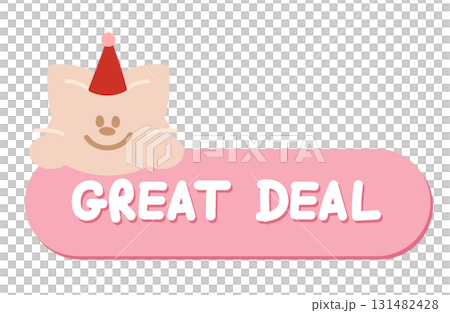 Cute Christmas GREAT DEAL sale icon with cat party hat for online shopping, promotion, sticker, banner, special price, discount, web button, campaign badge, brochure, price tag, animal, pet shop, vet 131482428