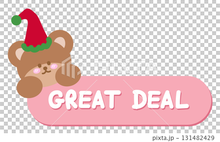 Cute Christmas GREAT DEAL sale icon with teddy bear, party hat for online shopping, promotion, sticker, banner, special price, discount, web button, campaign badge, ads, brochure, price tag, animal Cute Christmas GREAT DEAL sale icon with teddy bear, party hat for online shopping, promotion, sticker, banner, special price, discount, web button, campaign badge, ads, brochure, price tag, animal 131482429