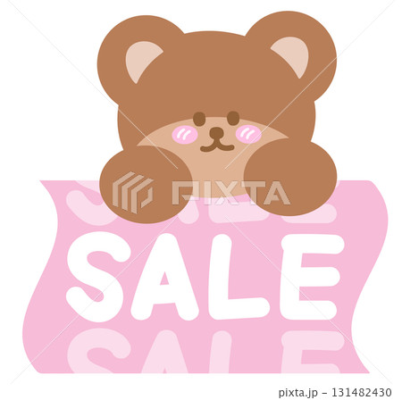 Cute Christmas SALE pink icon with teddy bear for online shopping, promotion, sticker, banner, special price, discount, web button, campaign badge, ads, brochure, price tag, animal 131482430