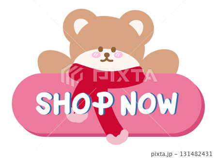 Cute Christmas SHOP NOW sale icon with teddy bear, winter scarf for online shopping, promotion, sticker, banner, special price, discount, web button, campaign badge, ads, brochure, price tag, animal 131482431