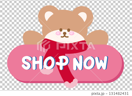 Cute Christmas SHOP NOW sale icon with teddy bear, winter scarf for online shopping, promotion, sticker, banner, special price, discount, web button, campaign badge, ads, brochure, price tag, animal 131482431
