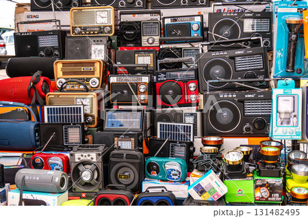 Belem, Brazil - Dec 12, 2024: Old electronic devices in Vero-o-Peso market at Belem do Para, Brazil Belem, Brazil - Dec 12, 2024: Old electronic devices in Vero-o-Peso market at Belem do Para, Brazil 131482495