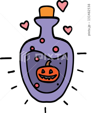 halloween festival. Halloween potion bottle with a pumpkin design and decorative hearts. retro trendy groovy halloween illustration in doodle pastel color line style 131482538