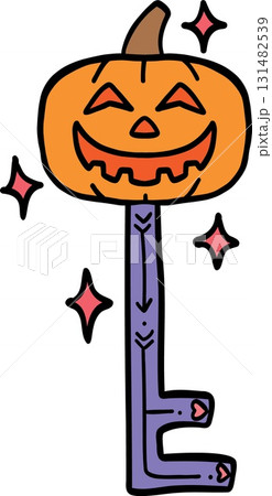 halloween festival. Whimsical pumpkin-shaped key with sparkling accents. retro trendy groovy halloween illustration in doodle pastel color line style 131482539