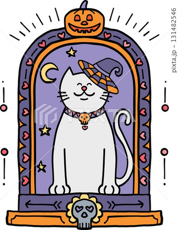 halloween festival. Whimsical Halloween cat with a witch hat and pumpkin backdrop. retro trendy groovy halloween illustration in doodle pastel color line style 131482546